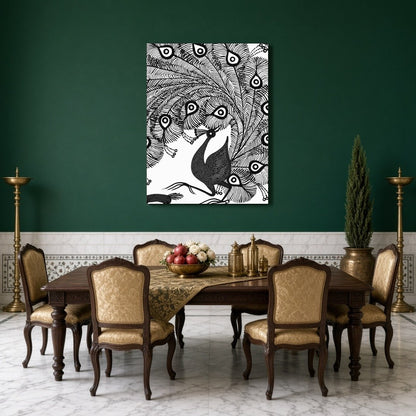 Experience the captivating elegance of a peacock rendered in classic Warli art. This piece captures for Dining