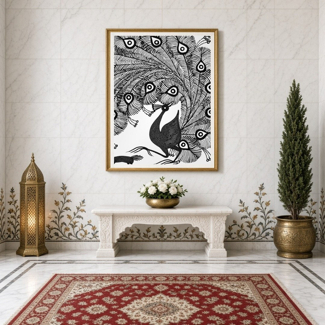 Experience the captivating elegance of a peacock rendered in classic Warli art. This piece captures for Entrance