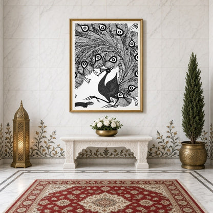 Experience the captivating elegance of a peacock rendered in classic Warli art. This piece captures for Entrance