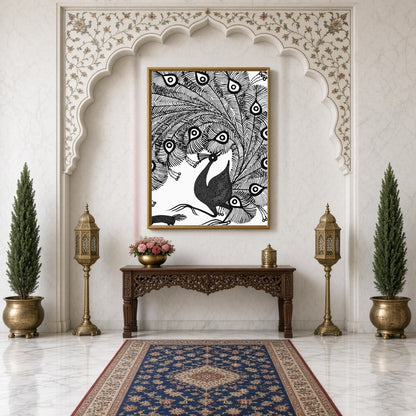 Experience the captivating elegance of a peacock rendered in classic Warli art. This piece captures for Hallway
