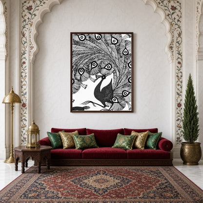 Experience the captivating elegance of a peacock rendered in classic Warli art. This piece captures for Living Room