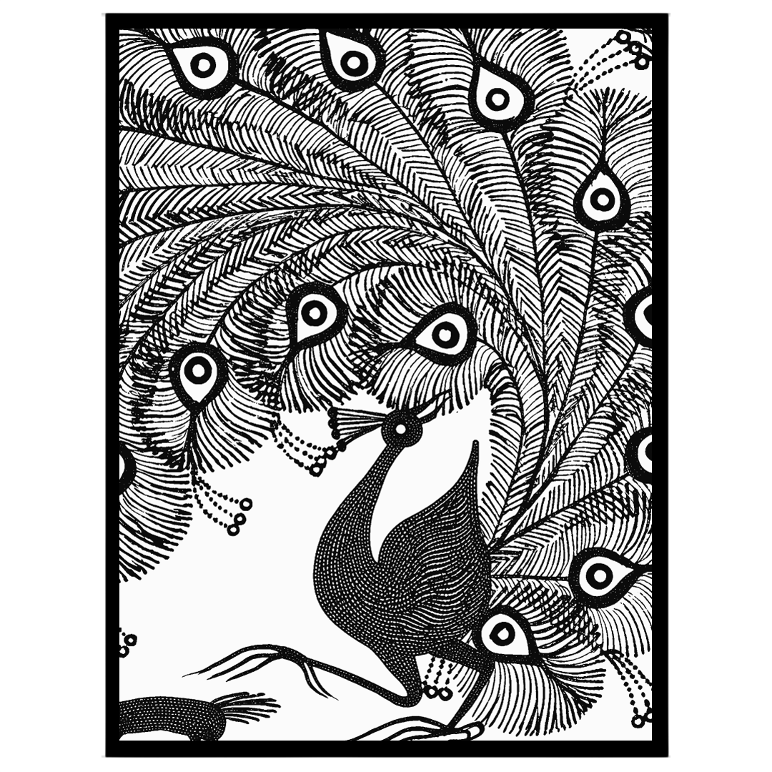 Experience the captivating elegance of a peacock rendered in classic Warli art. This piece captures for retreat