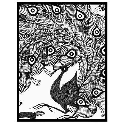Experience the captivating elegance of a peacock rendered in classic Warli art. This piece captures for retreat