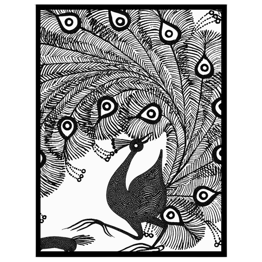 Experience the captivating elegance of a peacock rendered in classic Warli art. This piece captures for retreat