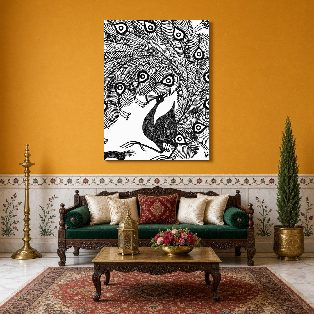 Experience the captivating elegance of a peacock rendered in classic Warli art. This piece captures for Sitting Area