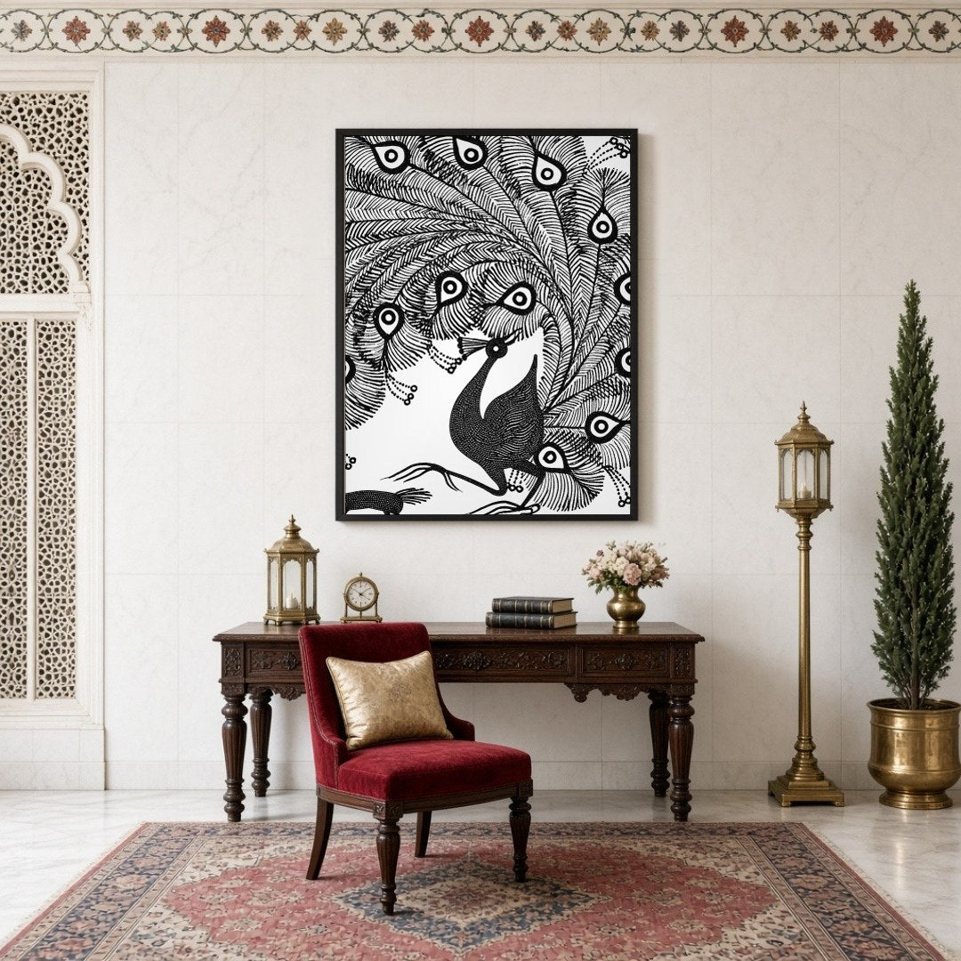 Experience the captivating elegance of a peacock rendered in classic Warli art. This piece captures for Study