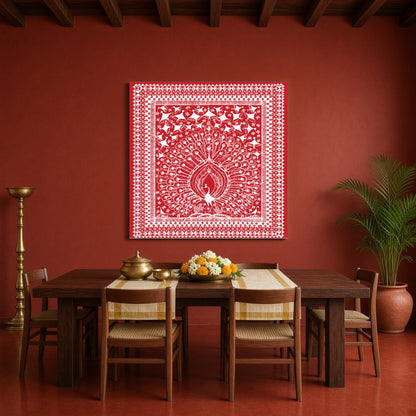 Immerse yourself in the intricate beauty of Warli art with this stunning depiction of a majestic for Dining