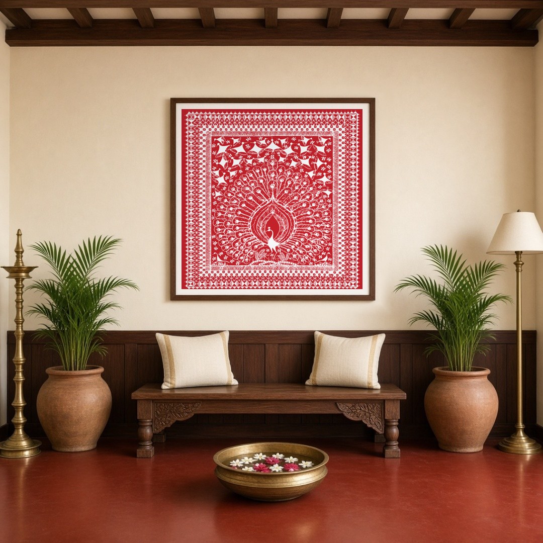 Immerse yourself in the intricate beauty of Warli art with this stunning depiction of a majestic for Entrance