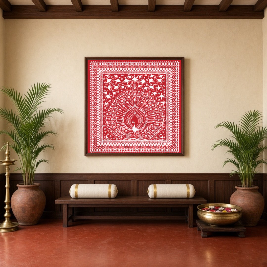 Immerse yourself in the intricate beauty of Warli art with this stunning depiction of a majestic for Hallway