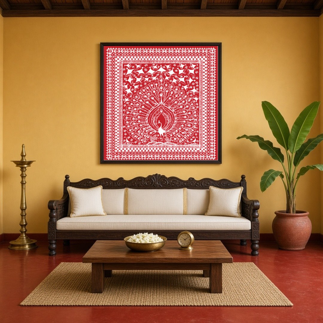 Immerse yourself in the intricate beauty of Warli art with this stunning depiction of a majestic for Living Room