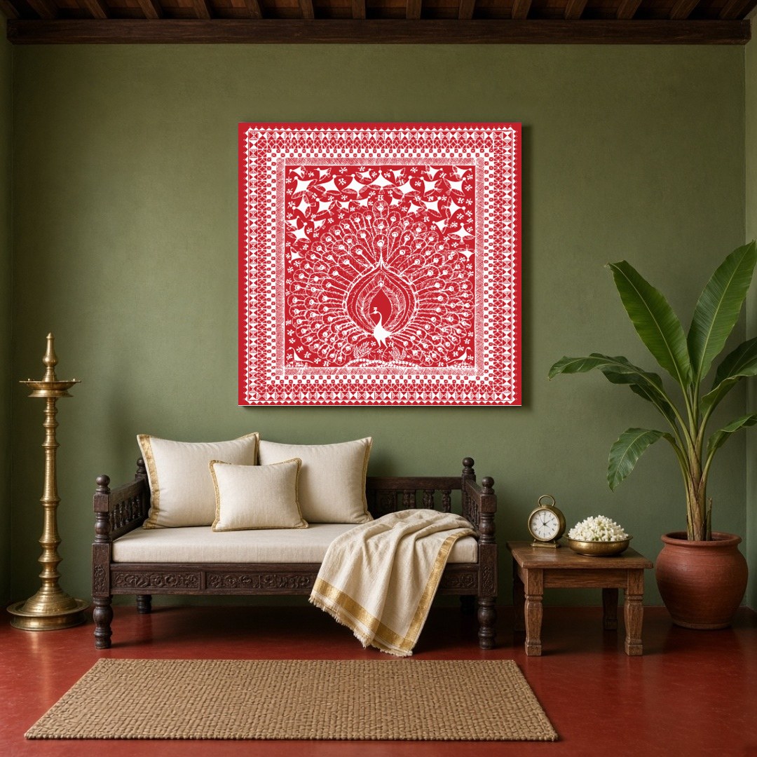 Immerse yourself in the intricate beauty of Warli art with this stunning depiction of a majestic for Sitting Area