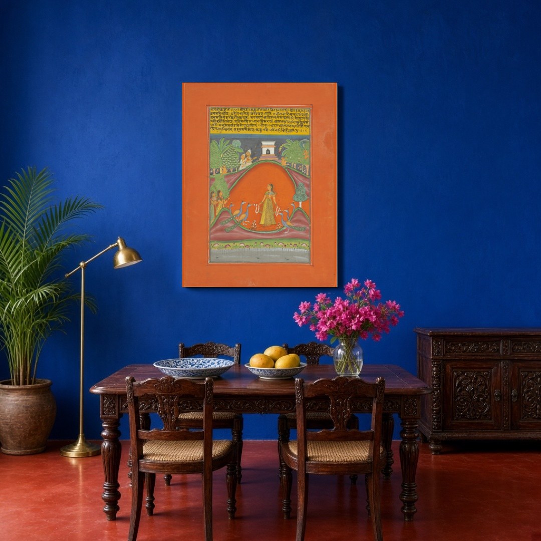Immerse yourself in the enchanting world of Ragamala art with this stunning depiction of a graceful for Dining