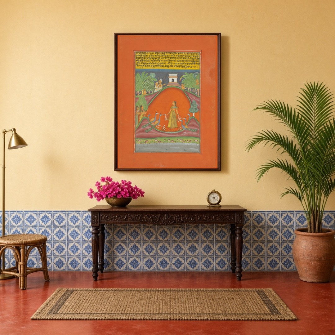 Immerse yourself in the enchanting world of Ragamala art with this stunning depiction of a graceful for Hallway