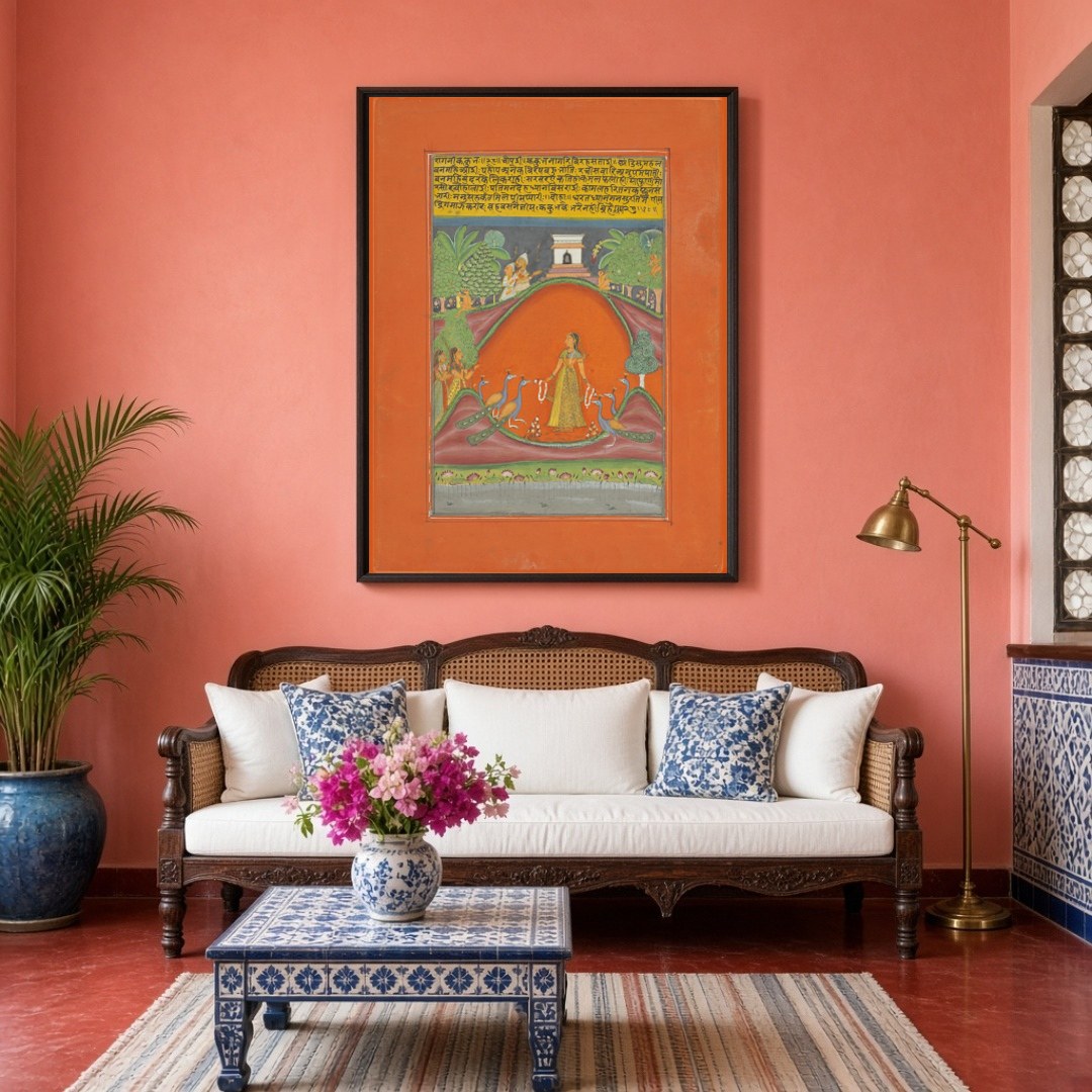 Immerse yourself in the enchanting world of Ragamala art with this stunning depiction of a graceful for Living Room