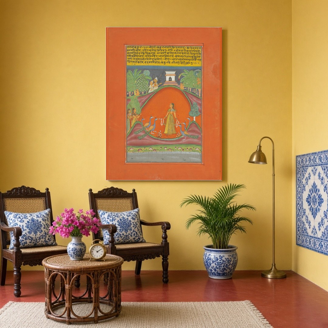 Immerse yourself in the enchanting world of Ragamala art with this stunning depiction of a graceful for Sitting Area