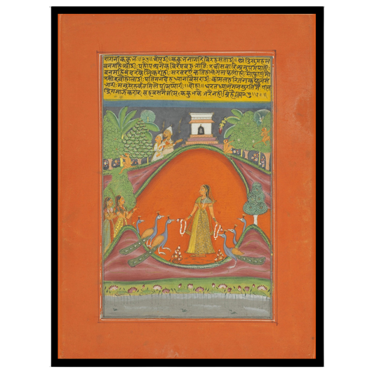 Immerse yourself in the enchanting world of Ragamala art with this stunning depiction of a graceful for studio