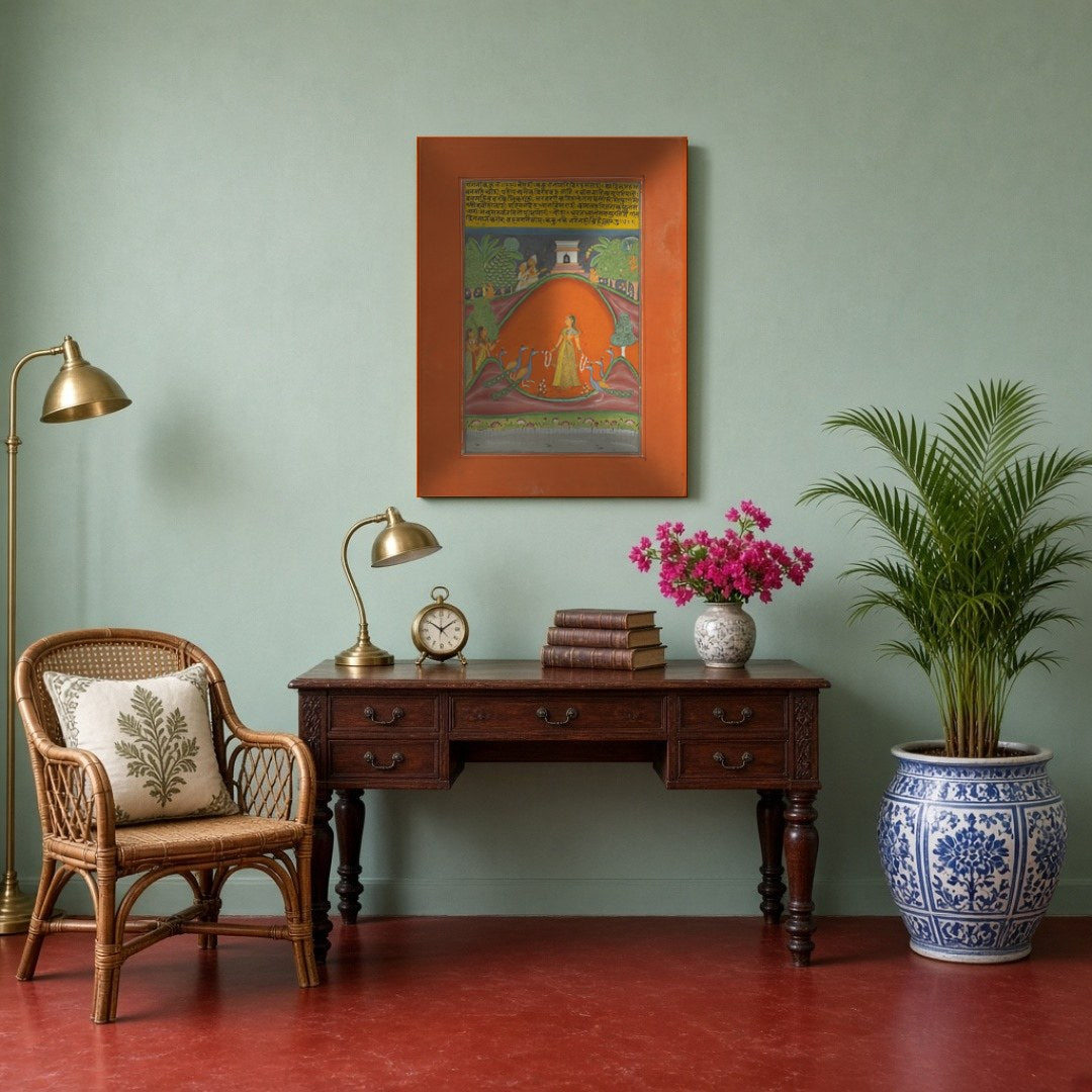 Immerse yourself in the enchanting world of Ragamala art with this stunning depiction of a graceful for Study