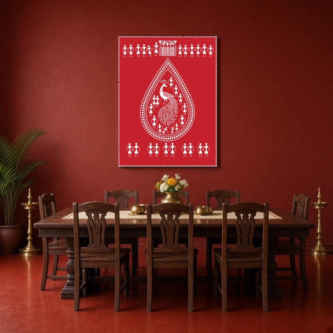 This stunning Warli art print features a majestic peacock encased within a teardrop design, for Dining