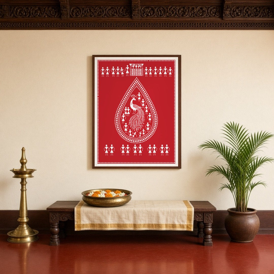 This stunning Warli art print features a majestic peacock encased within a teardrop design, for Entrance