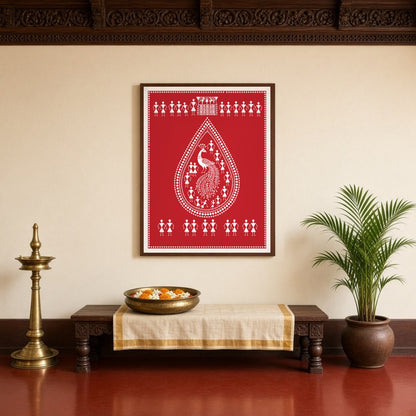 This stunning Warli art print features a majestic peacock encased within a teardrop design, for Entrance
