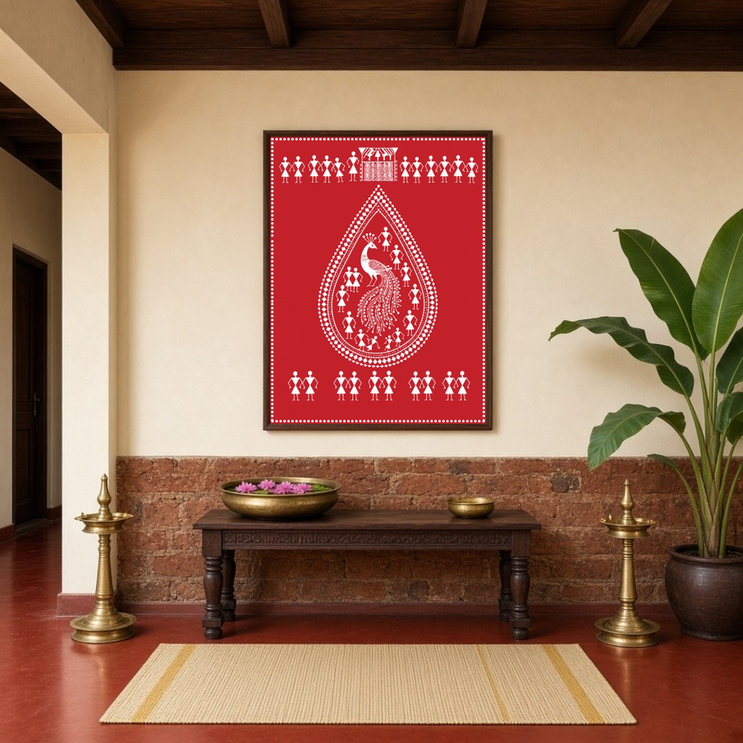 This stunning Warli art print features a majestic peacock encased within a teardrop design, for Hallway