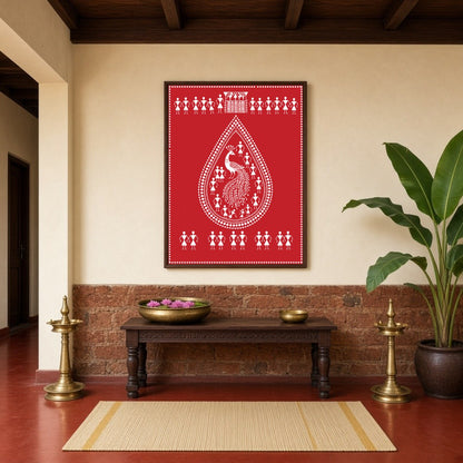 This stunning Warli art print features a majestic peacock encased within a teardrop design, for Hallway