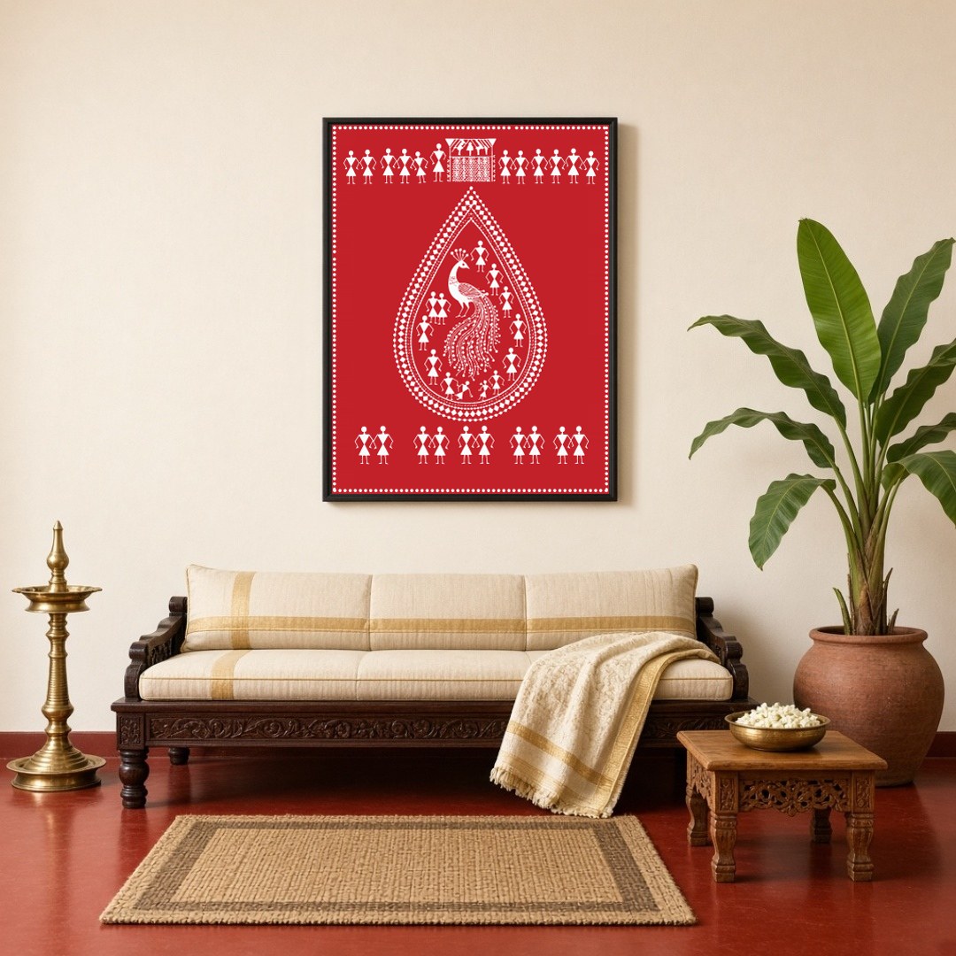 This stunning Warli art print features a majestic peacock encased within a teardrop design, for Living Room