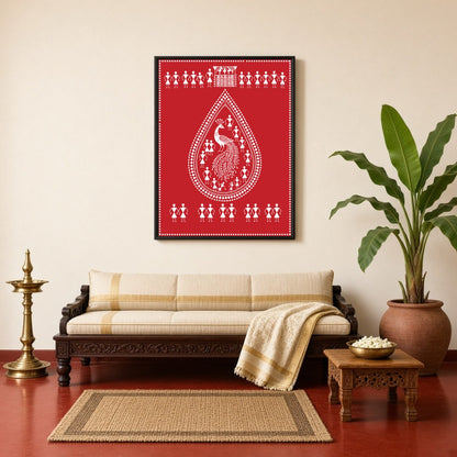 This stunning Warli art print features a majestic peacock encased within a teardrop design, for Living Room
