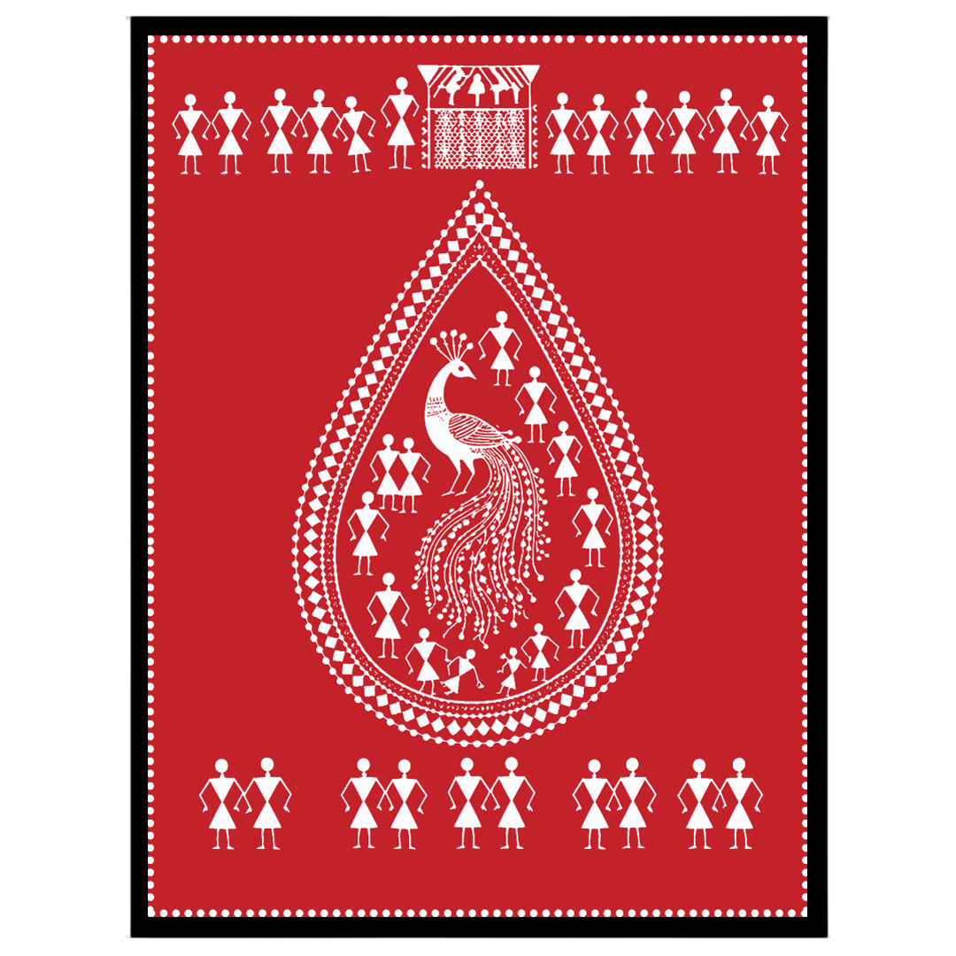 This stunning Warli art print features a majestic peacock encased within a teardrop design, for place