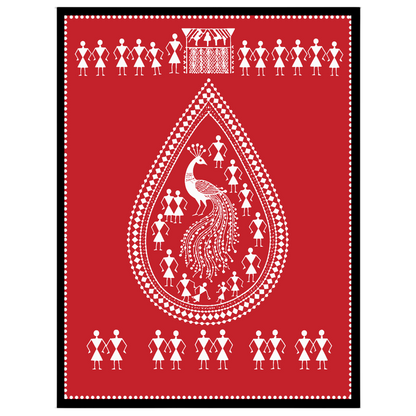 This stunning Warli art print features a majestic peacock encased within a teardrop design, for place
