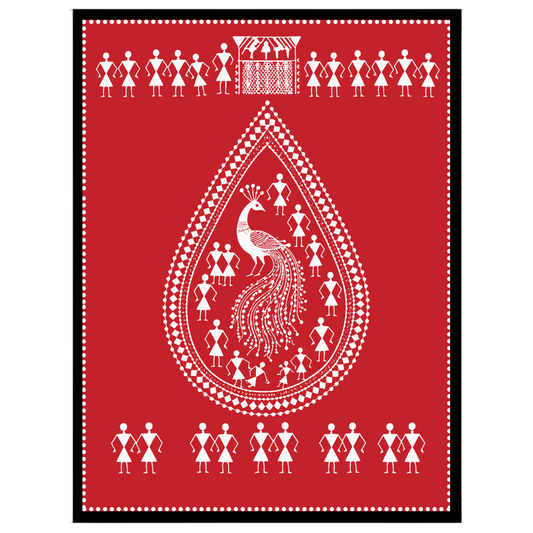 This stunning Warli art print features a majestic peacock encased within a teardrop design, for place