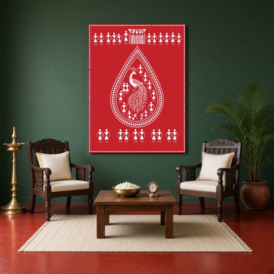 This stunning Warli art print features a majestic peacock encased within a teardrop design, for Sitting Area