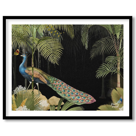 This captivating artwork presents a magnificent peacock nestled within a dense, dark tropical jungl… for space
