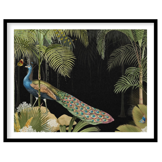 This captivating artwork presents a magnificent peacock nestled within a dense, dark tropical jungl… for space