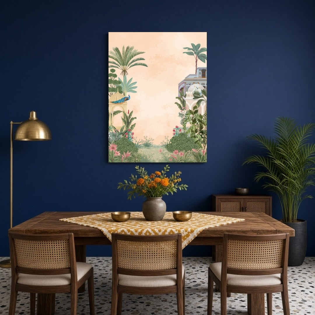 Immerse yourself in the opulence of Indo-Mughal art with this exquisite Pichwai depiction featuring for Dining