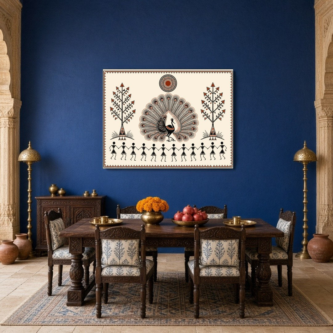 Discover the captivating Dance of Harmony with a majestic peacock at the center, surrounded by for Dining