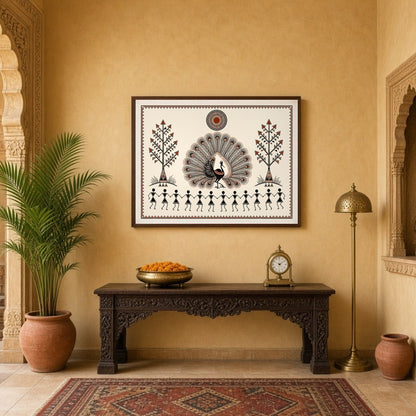 Discover the captivating Dance of Harmony with a majestic peacock at the center, surrounded by for Entrance