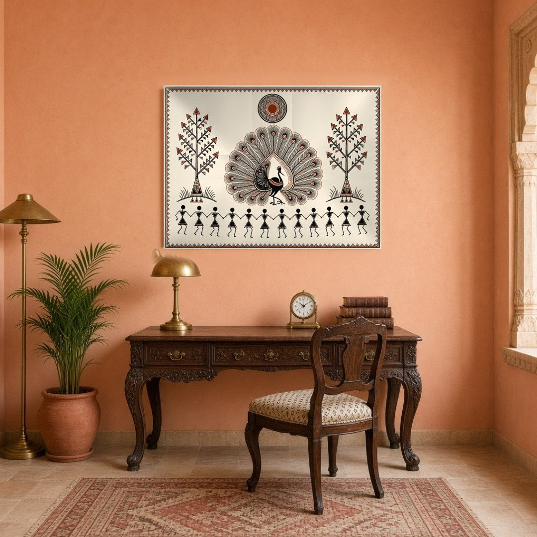 Discover the captivating Dance of Harmony with a majestic peacock at the center, surrounded by for Study