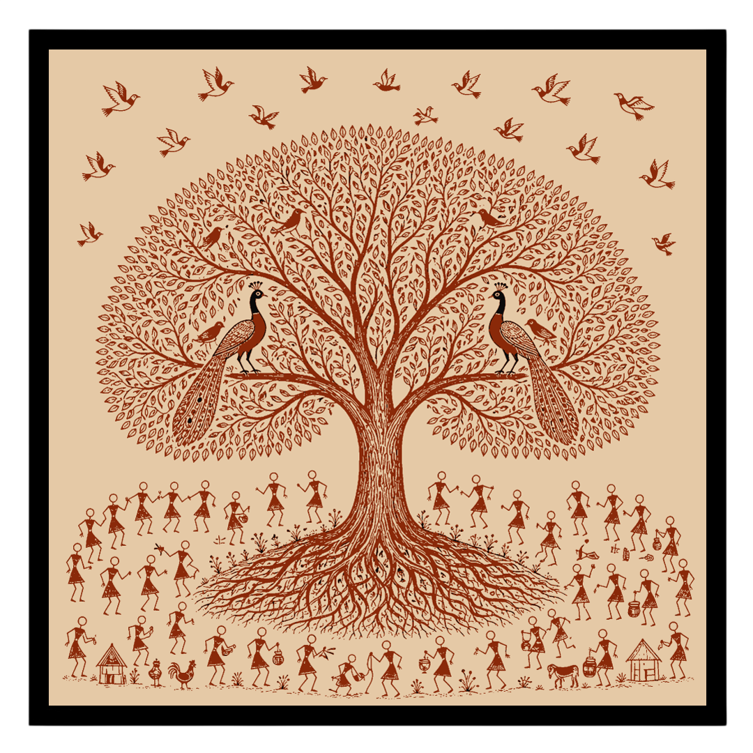 Immerse yourself in the enchanting world of Warli art with this captivating depiction of village for decor