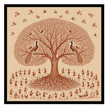 Immerse yourself in the enchanting world of Warli art with this captivating depiction of village for decor