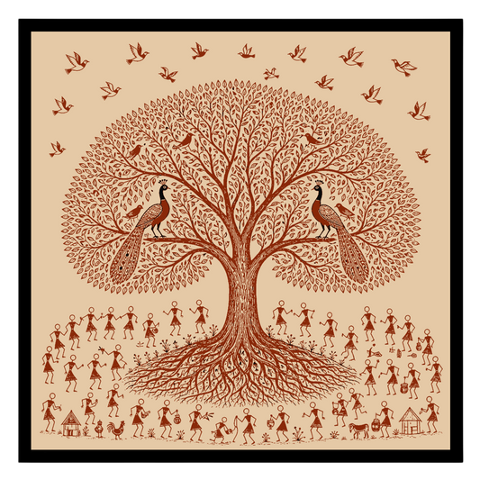 Immerse yourself in the enchanting world of Warli art with this captivating depiction of village for decor