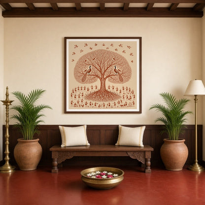Immerse yourself in the enchanting world of Warli art with this captivating depiction of village for Entrance
