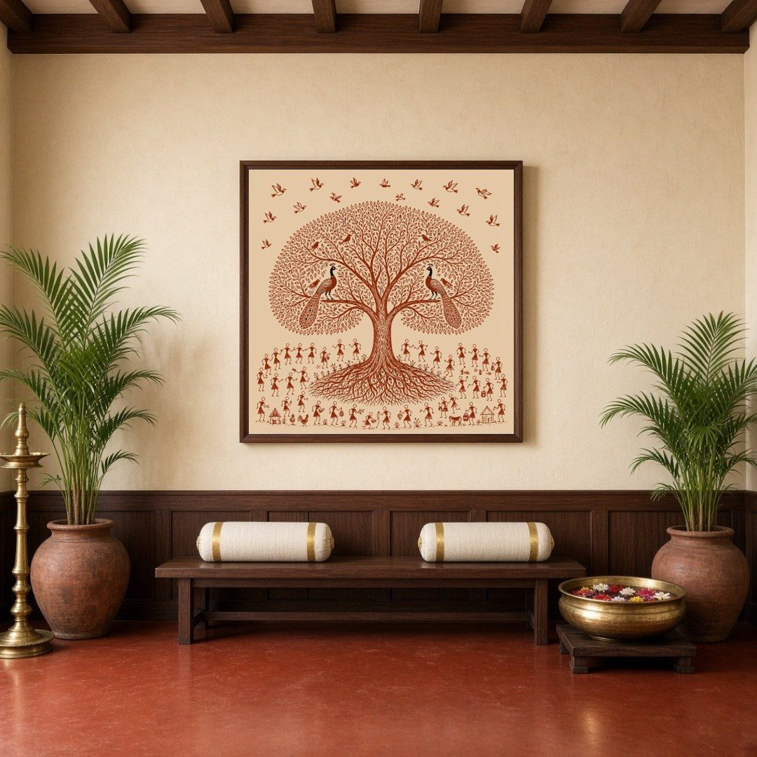 Immerse yourself in the enchanting world of Warli art with this captivating depiction of village for Hallway