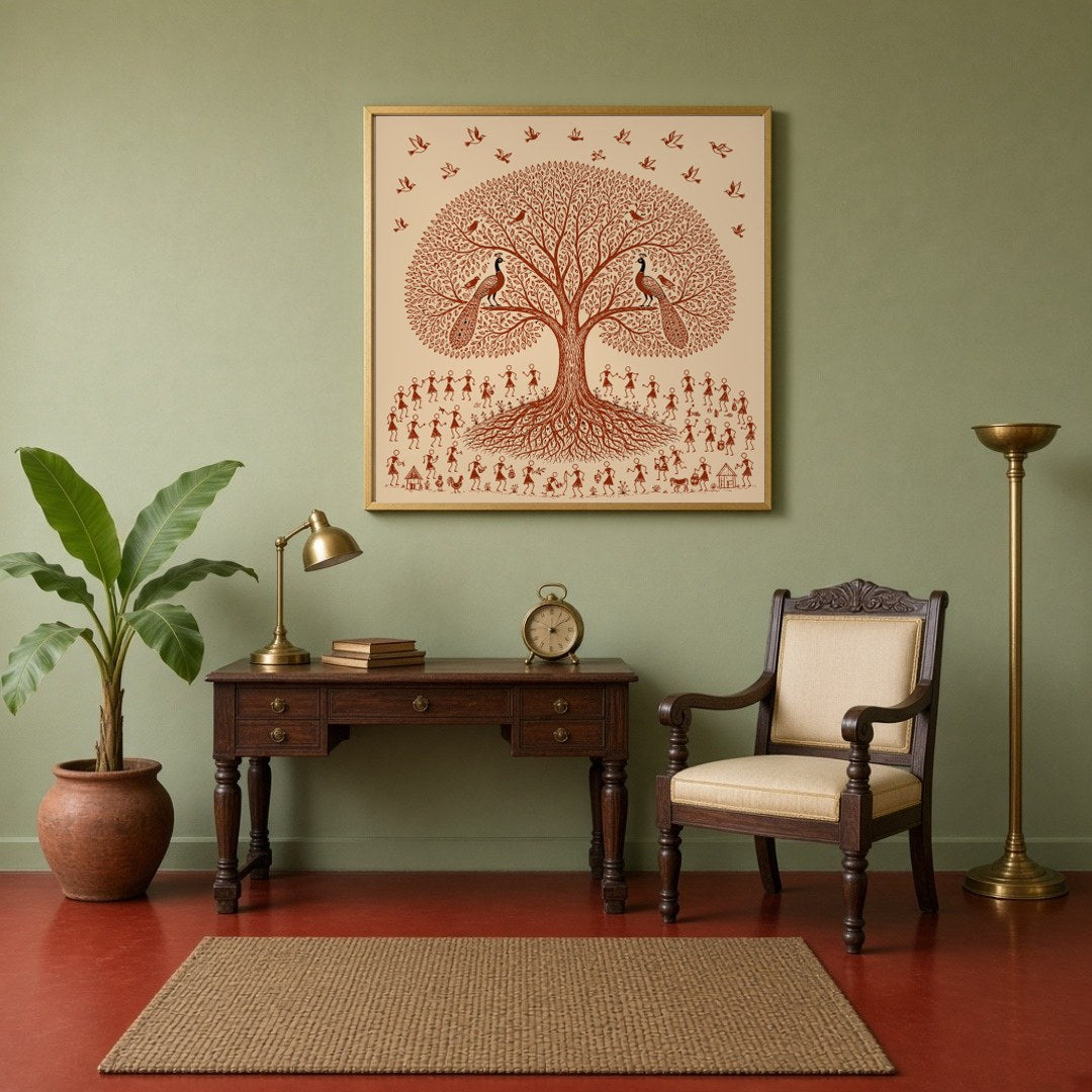 Immerse yourself in the enchanting world of Warli art with this captivating depiction of village for Study