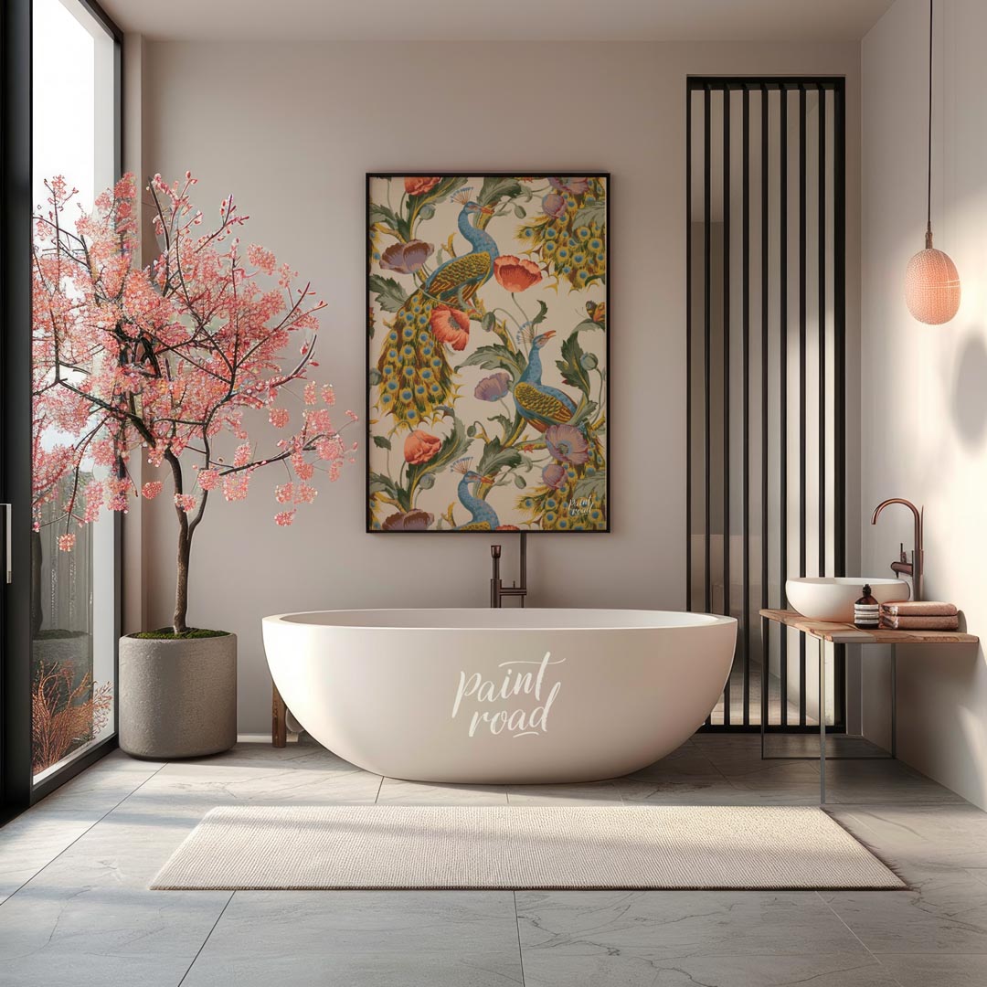 This vibrant and intricate pattern showcases majestic peacocks gracefully integrated with large, bl… for bathroom