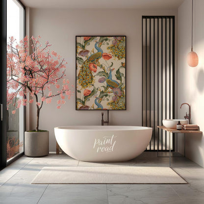 This vibrant and intricate pattern showcases majestic peacocks gracefully integrated with large, bl… for bathroom