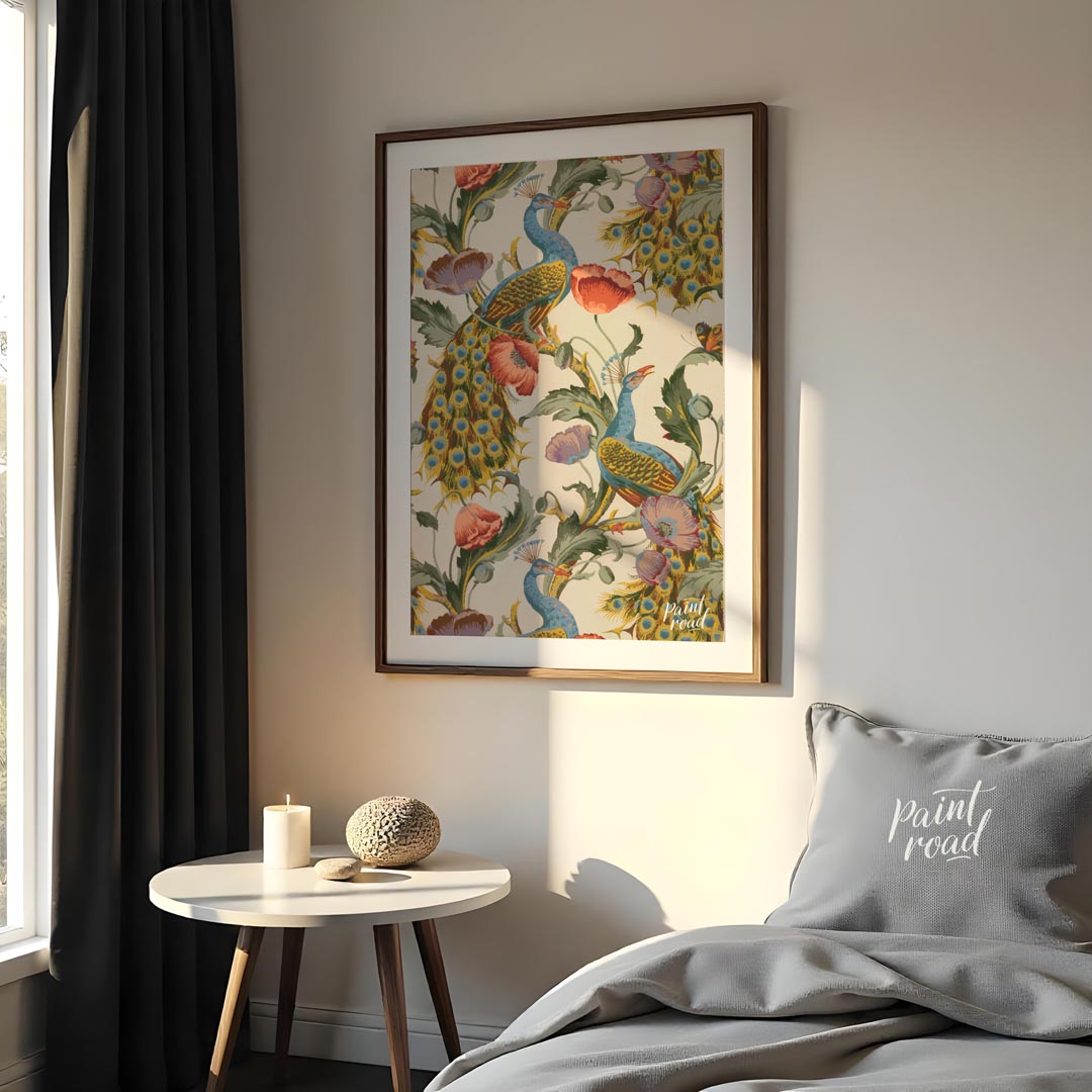 This vibrant and intricate pattern showcases majestic peacocks gracefully integrated with large, bl… for bedroom