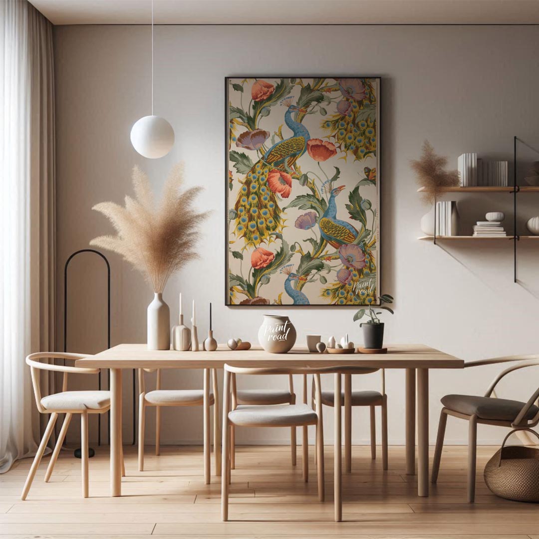 This vibrant and intricate pattern showcases majestic peacocks gracefully integrated with large, bl… for dining room