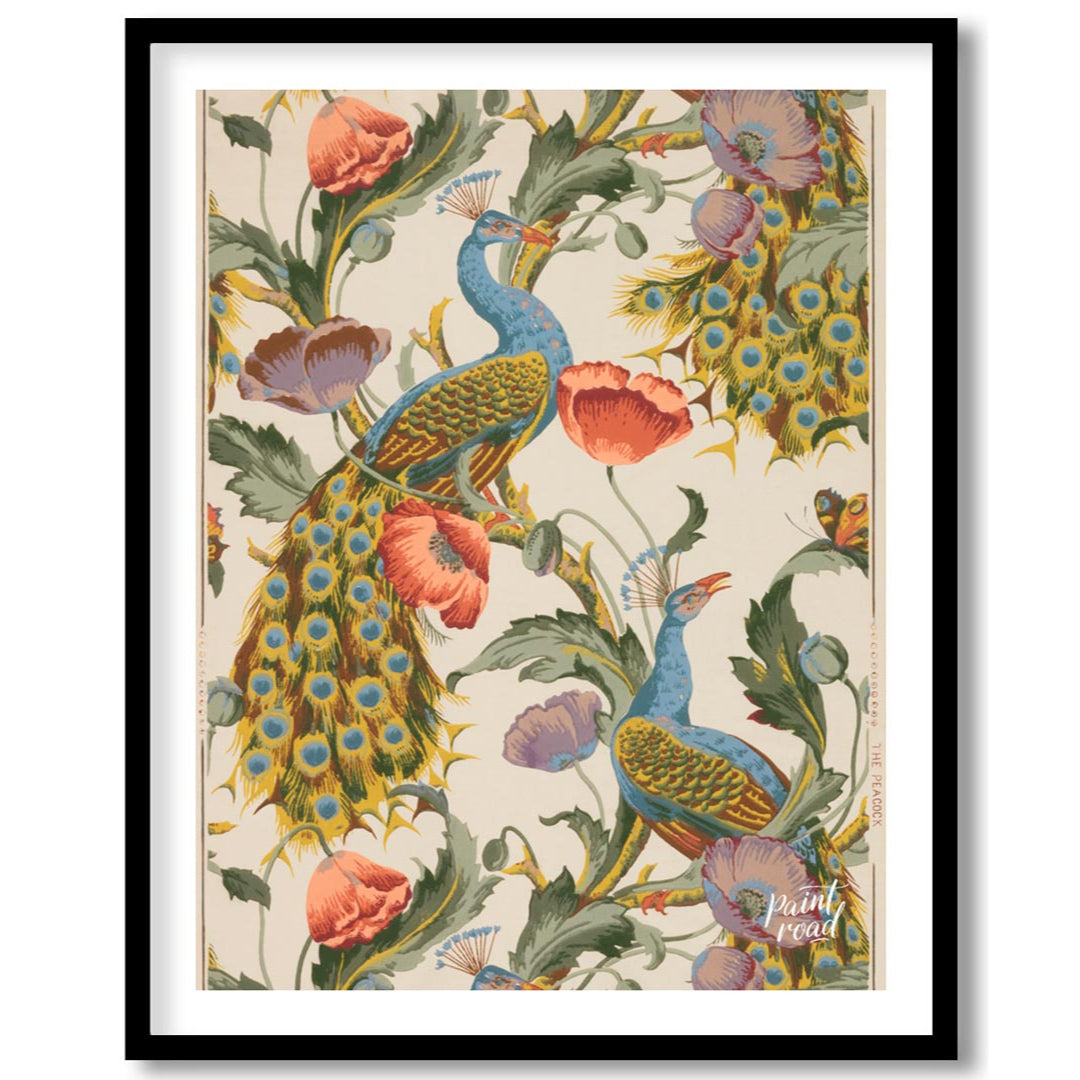 This vibrant and intricate pattern showcases majestic peacocks gracefully integrated with large, bl… for home