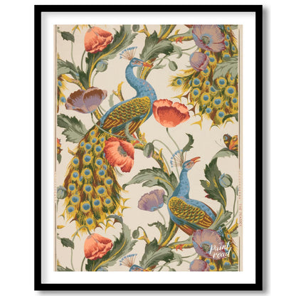 This vibrant and intricate pattern showcases majestic peacocks gracefully integrated with large, bl… for home